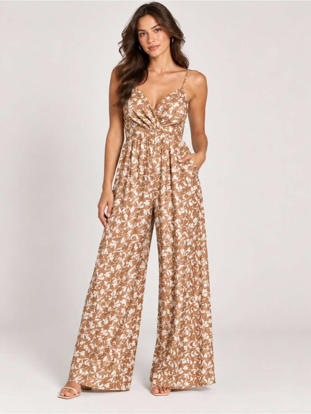 NWT Dynamite Floral Wide Leg Tie Front Jumpsuit Tan Cream